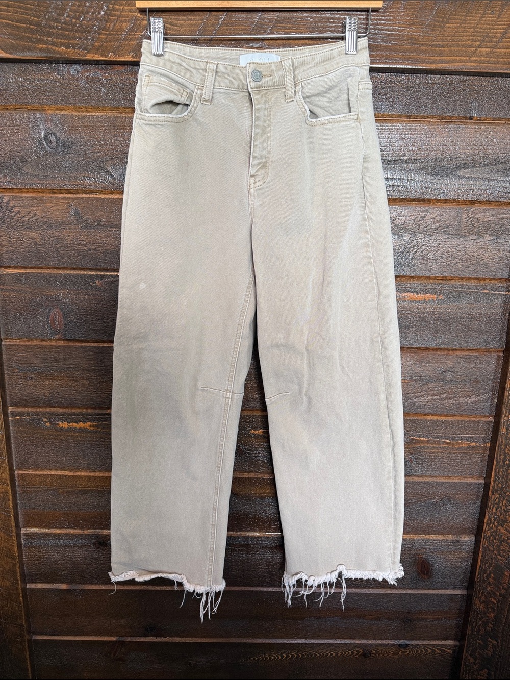 VERVET BY FLYING MONKEY High-Rise Cropped Frayed-Hem Jeans in Light Taupe